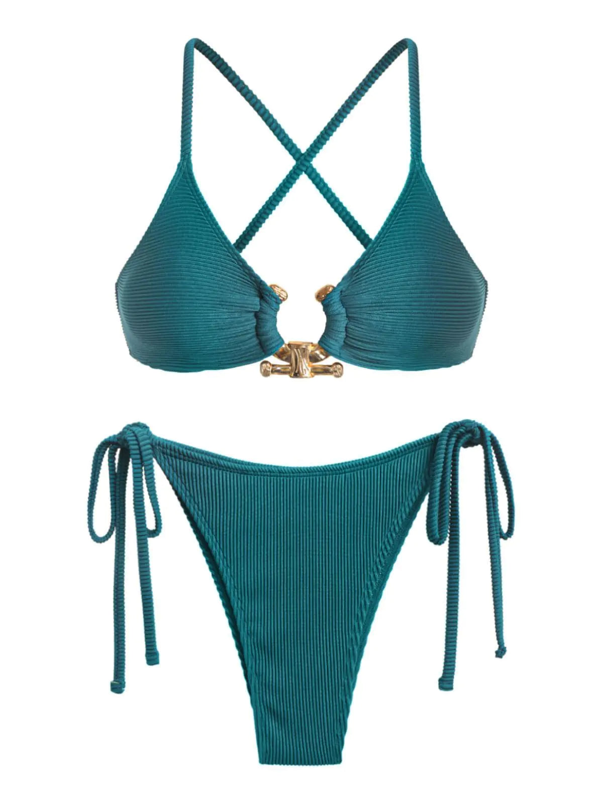 ZAFUL Womens Cutout Bikini Criss Cross Textured Metal High Leg Bikini Sets Cheeky Bikini Two Piece Swimsuit