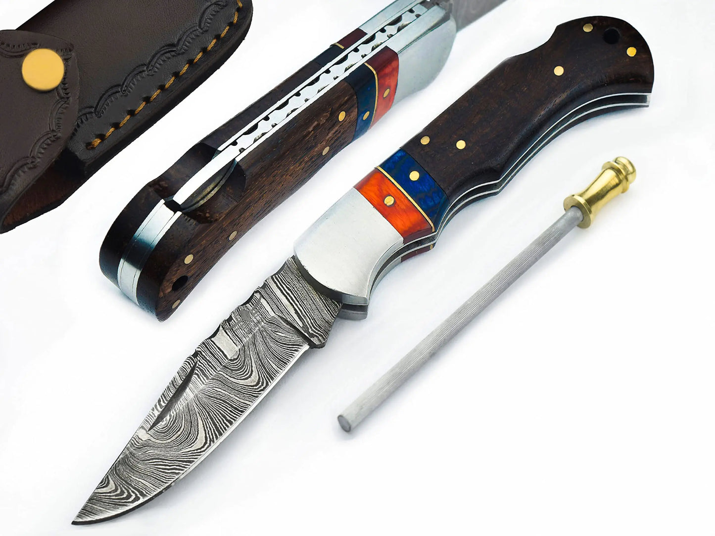 Lara Eagle Damascus Pocket Knife for Men - 133 Layer Solid Steel Handmade Folding Hunting Knives with Sharpner and Leather Pouch - Best Knife for Camping Hunting Hiking - Father’s Day Gifts for Men Husband Dad (Exotic Rose Wood Handle)